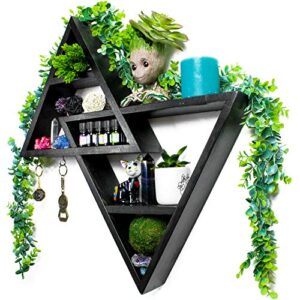 rustic curiosities large triangle shelf - crystal display altar shelf for stones, essential oils, and more 21.5 x 20 inches (black, left triangle up)