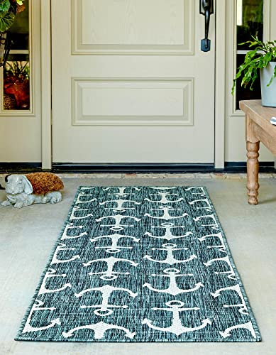 Unique Loom Outdoor Coastal Collection Abstract, Nautical, Anchor, Contemporary, Beach Area Rug (2' 0 x 7' 10 Runner, Teal/Ivory)