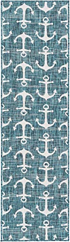 Unique Loom Outdoor Coastal Collection Abstract, Nautical, Anchor, Contemporary, Beach Area Rug (2' 0 x 7' 10 Runner, Teal/Ivory)