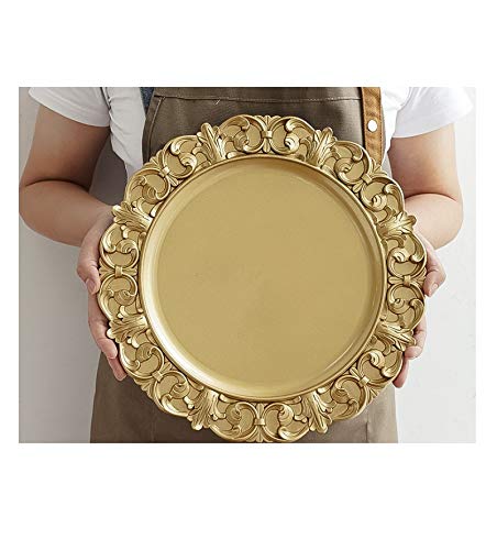 CheeseandU Gilded Dinner Plate Vintage Gold Serving Tray Dessert Steak Tray Bbq Food Container,Towel Tray Storage Tray Fruit Trays Cosmetics Jewelry Organizer Wedding Décor Plate, Plastic Round 13"