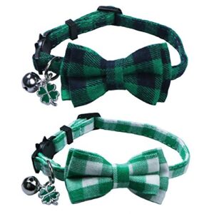 stmk 2 pack st. patrick's day plaid cat collars with bow tie bell shamrock, breakaway adjustable plaid cat collars with bowtie bell shamrock for cats kittens