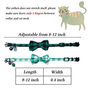 STMK 2 Pack St. Patrick's Day Plaid Cat Collars with Bow Tie Bell Shamrock, Breakaway Adjustable Plaid Cat Collars with Bowtie Bell Shamrock for Cats Kittens