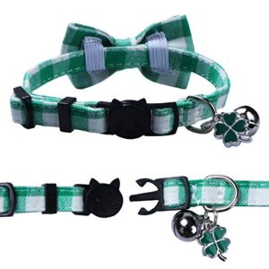 STMK 2 Pack St. Patrick's Day Plaid Cat Collars with Bow Tie Bell Shamrock, Breakaway Adjustable Plaid Cat Collars with Bowtie Bell Shamrock for Cats Kittens