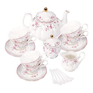 fanquare vintage porcelain tea set for women tea party, tea cup and saucer set for 6, wedding floral teapot set for adults, pink rose