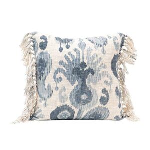 creative co-op stonewashed woven cotton blend ikat pattern & tassels, blue & cream color pillow, 1 count (pack of 1), blue & grey