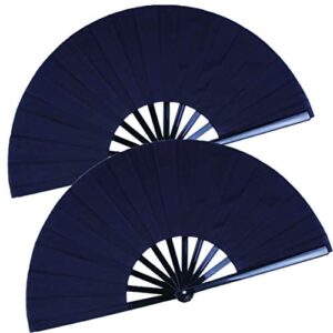 honshen 2 pack large folding hand fan, black chinese kung fu tai chi fan nylon-cloth fan for men and women performance, dance, decorations, festival, gift (folding fan black 2p)