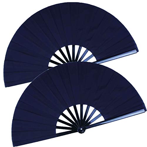 HONSHEN 2 Pack Large Folding Hand Fan, Black Chinese Kung Fu Tai Chi Fan Nylon-Cloth Fan For Men And Women Performance, Dance, Decorations, Festival, Gift (Folding fan black 2p)