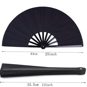 HONSHEN 2 Pack Large Folding Hand Fan, Black Chinese Kung Fu Tai Chi Fan Nylon-Cloth Fan For Men And Women Performance, Dance, Decorations, Festival, Gift (Folding fan black 2p)
