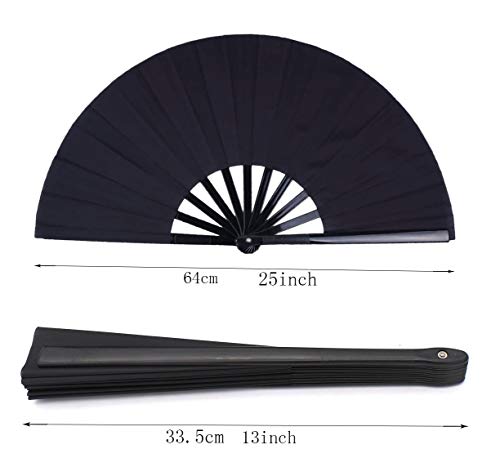 HONSHEN 2 Pack Large Folding Hand Fan, Black Chinese Kung Fu Tai Chi Fan Nylon-Cloth Fan For Men And Women Performance, Dance, Decorations, Festival, Gift (Folding fan black 2p)