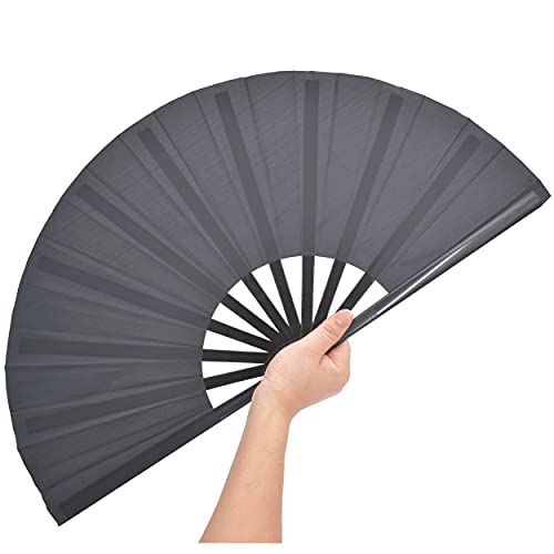 HONSHEN 2 Pack Large Folding Hand Fan, Black Chinese Kung Fu Tai Chi Fan Nylon-Cloth Fan For Men And Women Performance, Dance, Decorations, Festival, Gift (Folding fan black 2p)