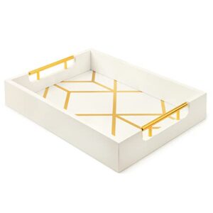 White & Gold Coffee Table Serving Tray with Handles - 16.5 x 12 - Wooden Decorative Ottoman Tray for Serving Food