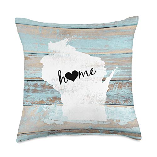 Wisconsin Barn Board Shiplap Home Heart Gift Wisconsin Rustic Home Pride US State Distressed Look Throw Pillow, 18x18, Multicolor