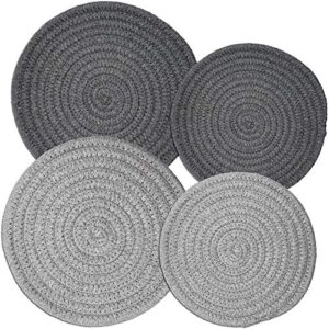 potholders set trivets set of 4[two 9-inch + two 7-inch] | 100% eco pure cotton thread weave trivets for hot pots and pans | hot coasters | hot pads for kitchen | hot mats | light gray & dark gray