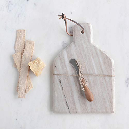 Creative Co-Op 12"L x 8"W Marble Cheese/Cutting Board w/ Canape Knife, Buff Color, Set of 2 Pieces