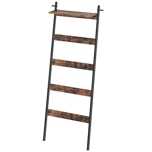 Rolanstar Blanket Ladder with Adjustable Shelf and 4 Hanging Hooks, Wall-Leaning Blanket Rack, Ladder Shelf Stand for Bathroom, Living Room, Kitchen, Rustic Brown