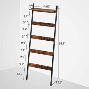 Rolanstar Blanket Ladder with Adjustable Shelf and 4 Hanging Hooks, Wall-Leaning Blanket Rack, Ladder Shelf Stand for Bathroom, Living Room, Kitchen, Rustic Brown