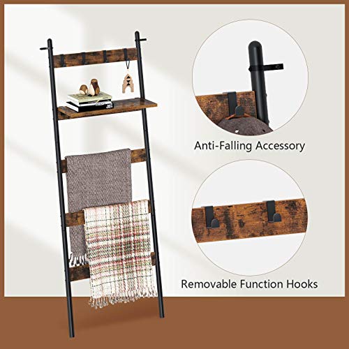 Rolanstar Blanket Ladder with Adjustable Shelf and 4 Hanging Hooks, Wall-Leaning Blanket Rack, Ladder Shelf Stand for Bathroom, Living Room, Kitchen, Rustic Brown