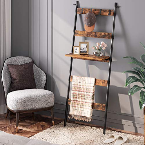 Rolanstar Blanket Ladder with Adjustable Shelf and 4 Hanging Hooks, Wall-Leaning Blanket Rack, Ladder Shelf Stand for Bathroom, Living Room, Kitchen, Rustic Brown