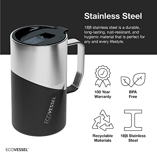 EcoVessel TRANSIT Stainless Steel Travel Mug/Coffee Mug with Slider Lid & Ergonomic Handle, Tumbler With Handle Insulated Coffee Mug - 16oz (White Pearl)