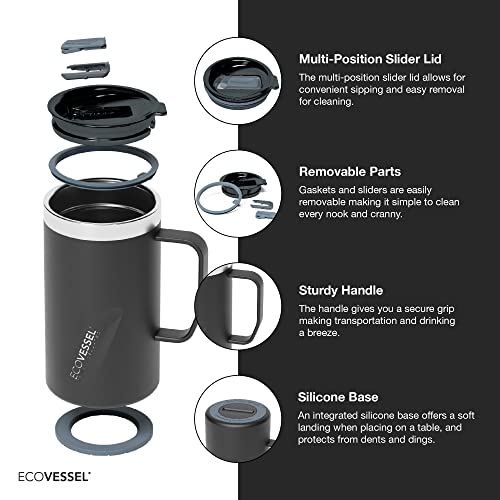 EcoVessel TRANSIT Stainless Steel Travel Mug/Coffee Mug with Slider Lid & Ergonomic Handle, Tumbler With Handle Insulated Coffee Mug - 16oz (White Pearl)