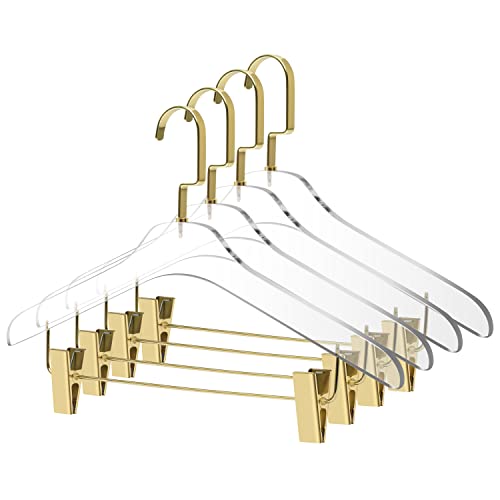 Quality Clear Acrylic Skirt Pant Hangers with Clips – 4 Pack, Stylish Clothes Hanger with Gold Hooks - Coat Hanger for Dress, Suit - Closet Organizer Adult Hangers - Cloth Hangers (Gold Hook, 4)