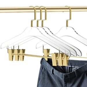 Quality Clear Acrylic Skirt Pant Hangers with Clips – 4 Pack, Stylish Clothes Hanger with Gold Hooks - Coat Hanger for Dress, Suit - Closet Organizer Adult Hangers - Cloth Hangers (Gold Hook, 4)