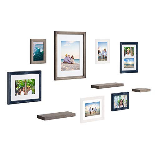 Kate and Laurel Bordeaux Gallery Wall Frame and Shelf Kit, Set of 10, Multiple Coastal Finishes, Assorted Size Frames and Three Display Shelves