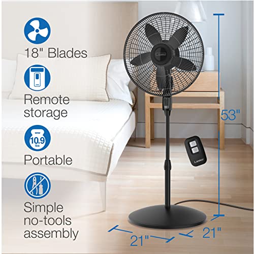 Lasko S18440 Performance 18-inch Oscillating Pedestal Standing Floor Fan with Remote Control and Adjustable Stand for Indoor, Bedroom, Living Room, Home Office & College Dorm Use – Black