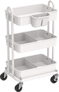 simple houseware 3-tier kitchen cart multifunctional rolling utility cart with 2 dividers and hanging bucket, white