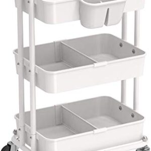 Simple Houseware 3-Tier Kitchen Cart Multifunctional Rolling Utility Cart with 2 dividers and Hanging Bucket, White