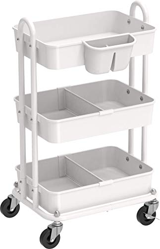 Simple Houseware 3-Tier Kitchen Cart Multifunctional Rolling Utility Cart with 2 dividers and Hanging Bucket, White