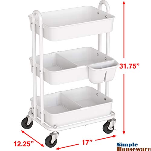 Simple Houseware 3-Tier Kitchen Cart Multifunctional Rolling Utility Cart with 2 dividers and Hanging Bucket, White