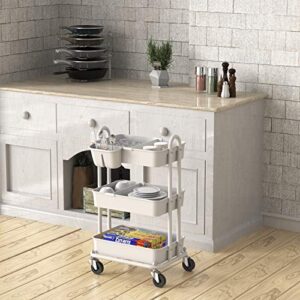 Simple Houseware 3-Tier Kitchen Cart Multifunctional Rolling Utility Cart with 2 dividers and Hanging Bucket, White