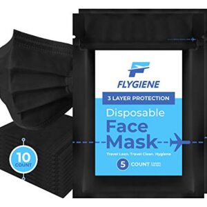 FLYGIENE Travel Size Face Mask | 10 Count | Breathable Travel Face Mask 3 Ply Black Disposable Face Mask for Adults | TSA Approved Air Travel Mask for Airplane Travel | Black | 10 Count (2 Packs of 5)