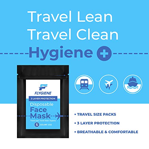 FLYGIENE Travel Size Face Mask | 10 Count | Breathable Travel Face Mask 3 Ply Black Disposable Face Mask for Adults | TSA Approved Air Travel Mask for Airplane Travel | Black | 10 Count (2 Packs of 5)