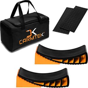 carmtek camper leveler premium kit - curved rv levelers with camper wheel chocks, rubber mats and carry bag | faster camper leveling than rv leveling blocks