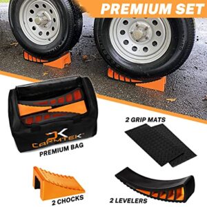 CARMTEK Camper Leveler Premium Kit - Curved RV Levelers with Camper Wheel Chocks, Rubber Mats and Carry Bag | Faster Camper Leveling Than RV Leveling Blocks