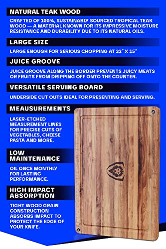 DALSTRONG Teak Wood Cutting Board - 22" x 15" Large Size - Tight Wood Grain - - Laser-Engraved Measurements & Juice Groove - Kitchen Chopping Board - Serving - Large Cutting Boards - Gift Packaging