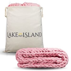 lake island chunky knit throw blanket - no shedding 50x60 inch - luxury chenille chunky blanket adds warmth - soft cozy chunky throw blanket for bed, sofa or chair - plush boho farmhouse decor pink