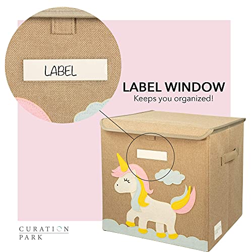 Curation Park Storage Cube Box || Collapsible Canvas Bin Chest with Flip-Top Lid and Name Label || Perfect Organizer