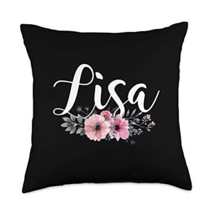 custom lisa name pink flowers decor cute gift lisa name personalized floral pink black women girls gift throw pillow, 18x18, multicolor