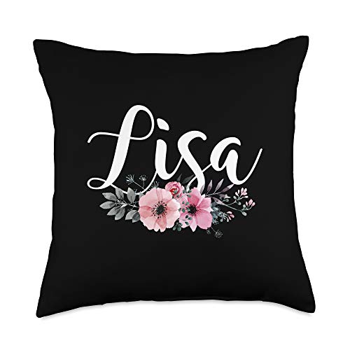 Custom Lisa Name Pink Flowers Decor Cute Gift Lisa Name Personalized Floral Pink Black Women Girls Gift Throw Pillow, 18x18, Multicolor