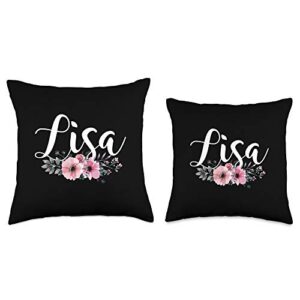 Custom Lisa Name Pink Flowers Decor Cute Gift Lisa Name Personalized Floral Pink Black Women Girls Gift Throw Pillow, 18x18, Multicolor