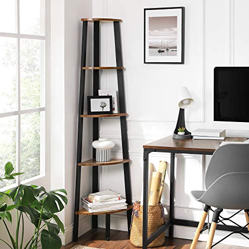 VASAGLE Industrial Bookcase, 5-Tier Corner Shelf, Rustic Brown & Ladder Shelf, 22.1" L x 13.3" W x 67.7" H, Rustic Brown