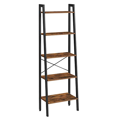 VASAGLE Industrial Bookcase, 5-Tier Corner Shelf, Rustic Brown & Ladder Shelf, 22.1" L x 13.3" W x 67.7" H, Rustic Brown