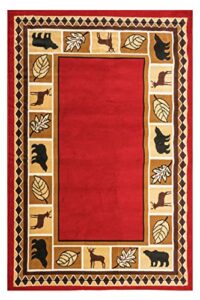 furnish my place 631 red 7'8"x9'8" wildlife bear rustic moose decor lodge cabin area rug, elegant and durable mat, red