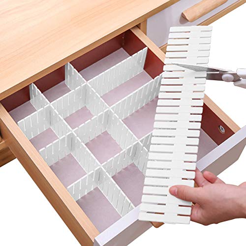 Bofoho Drawer Divider Adjustable Diy Storage Organizer Separator for Tidying Clutter Cutlery Makeup Clothes of Dresses, Desk & Box in Kitchen Bathroom Bedroom Office (Cut at Will) (White 16pcs)