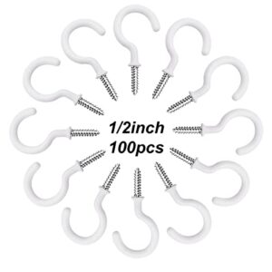 smseace 100pcs 1/2Inch White Ceiling Hooks Vinyl Coated Screw-in Hooks for Decorating Christmas Lights Hanger Hooks Outdoor Wire and Fairy LightsD-007-1/2