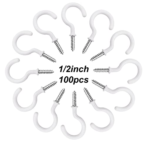 smseace 100pcs 1/2Inch White Ceiling Hooks Vinyl Coated Screw-in Hooks for Decorating Christmas Lights Hanger Hooks Outdoor Wire and Fairy LightsD-007-1/2