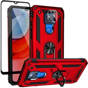 dretal for motorola moto g play 2021 case with tempered glass screen protector and camera screen protector, military grade shockproof protective case cover with rotating holder kickstand (js-red)